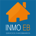 Logotipo de INMO EB, servicios inmobiliarios, con una casa naranja sobre fondo azul